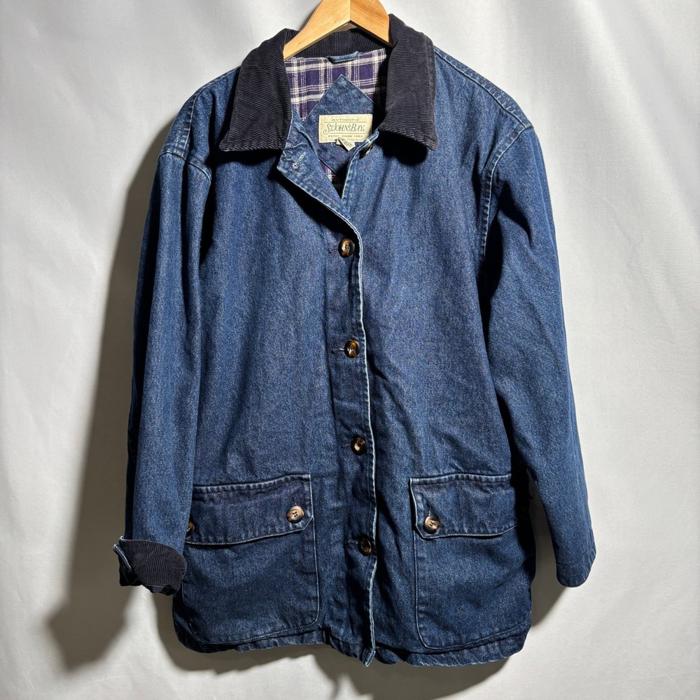 VTG 90s Denim Barn Jacket‎ Chore Coat Corduroy Collar Flannel Lined L Dark Wash